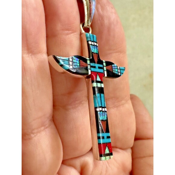 Handmade Native 925 Silver Micro Inlay Cross Pendant Genuine Gemstone Mosaic NEW - Picture 3 of 6